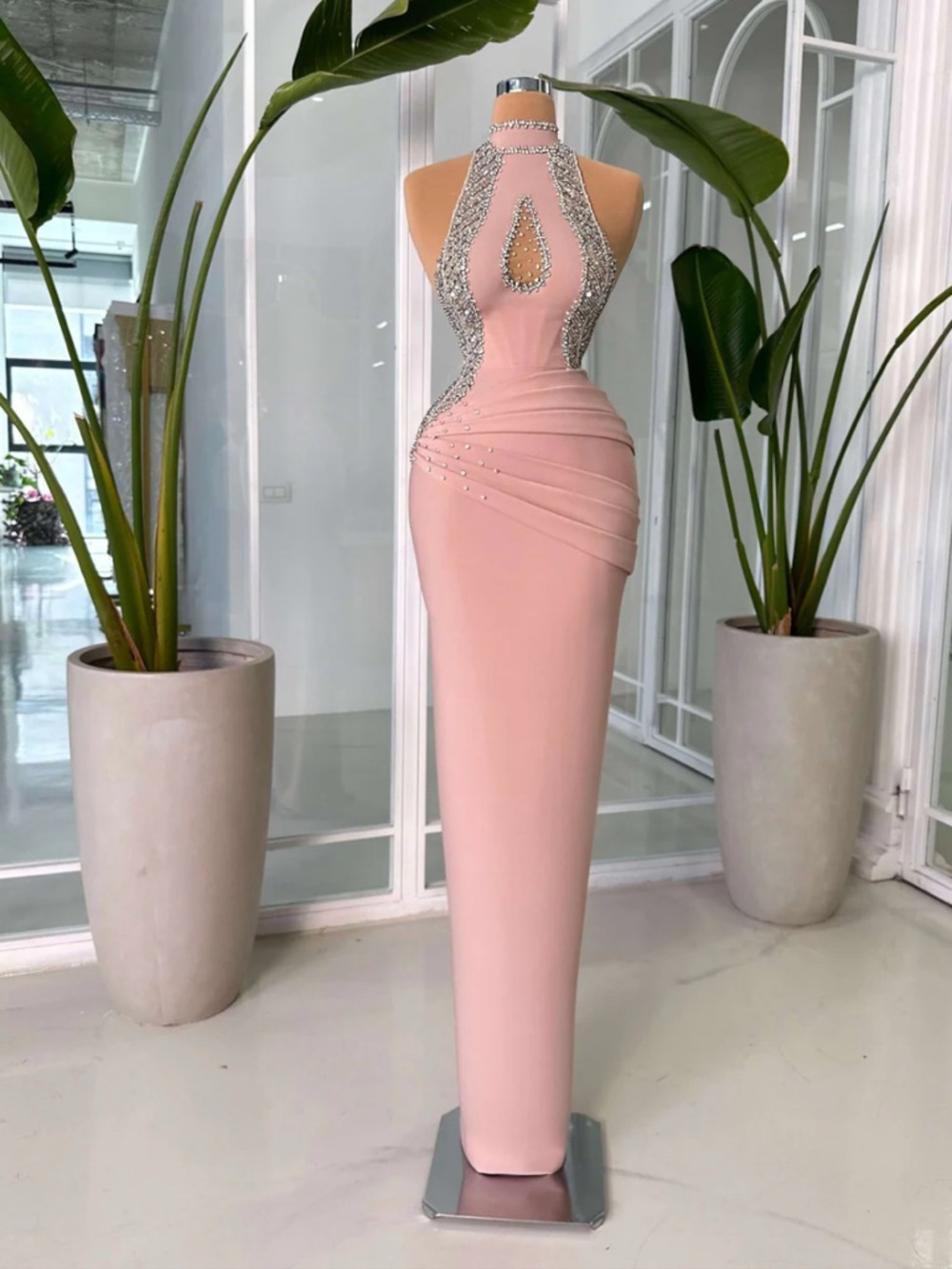 Elegant Pink Embellished Halter Evening Gown